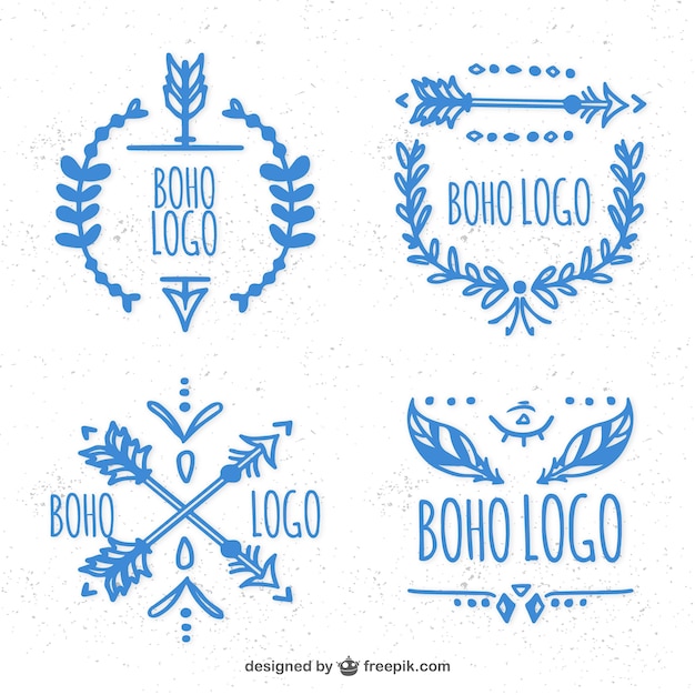 Vecteur gratuit collection de logos boho bleu hand-drawn