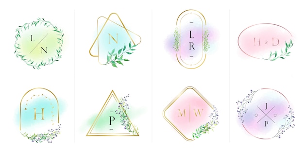 Collection de logos naturels et biologiques pour la marque, l'identité d'entreprise. Cadre doré avec floral dans un style aquarelle