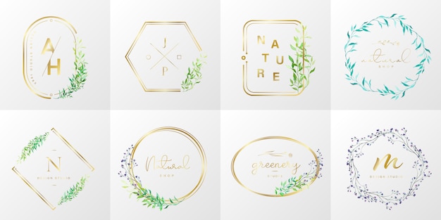 Collection De Logos Naturels Et Biologiques Pour La Marque, L'identité D'entreprise. Cadre Doré Avec Floral Dans Un Style Aquarelle