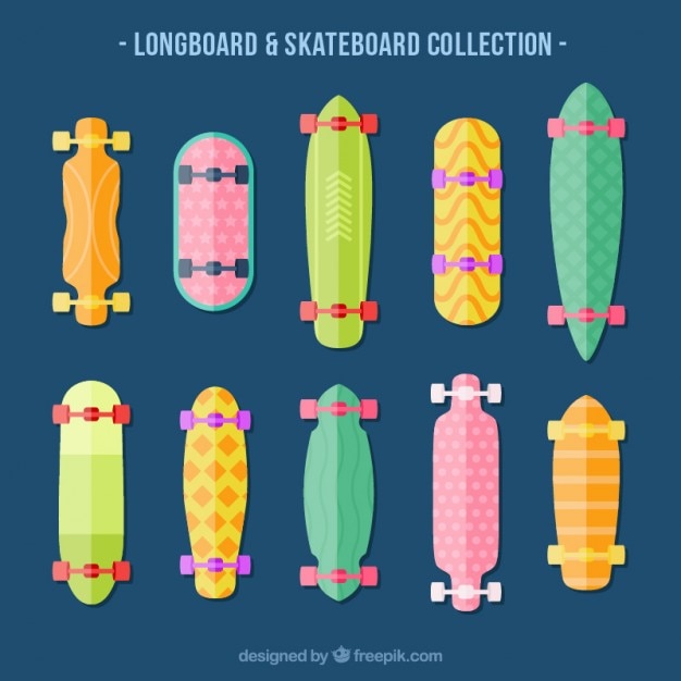 Vecteur gratuit collection de longboard de couleur dans le design plat