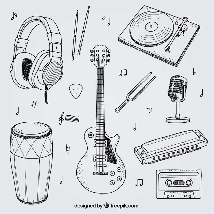 Vecteur gratuit collection de la main dessinée éléments pour un studio de musique