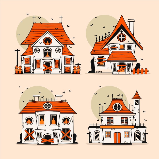 Collection de maisons hantées d'halloween dessinées à la main