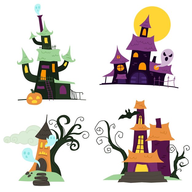 Collection de maisons hantées d'halloween plates dessinées à la main