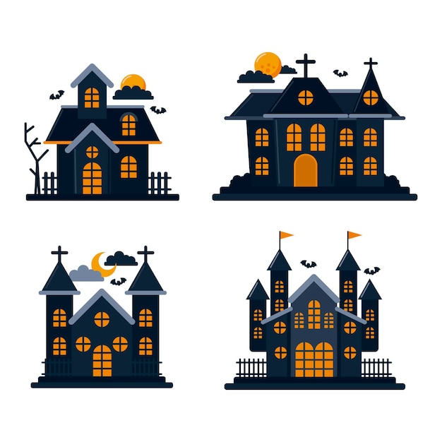 Vecteur gratuit collection de maisons hantées plates d'halloween