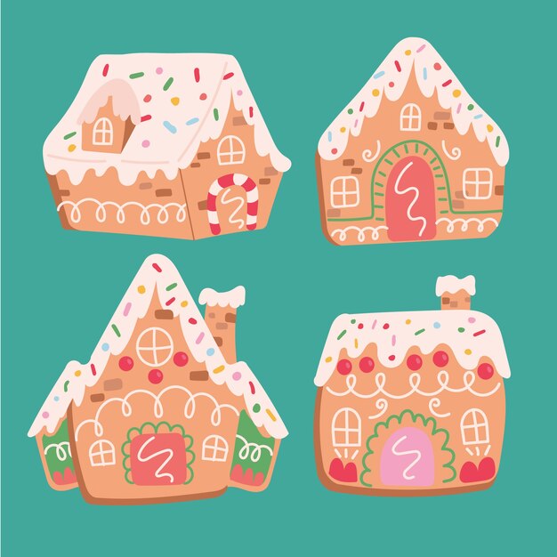 Collection de maisons en pain d'épice de noël plat dessiné à la main