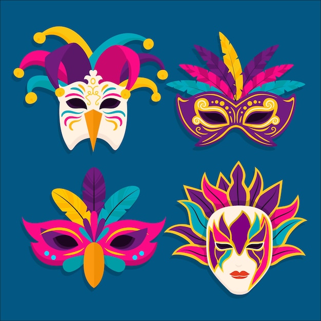 Vecteur gratuit collection de masques de carnaval de venise plats