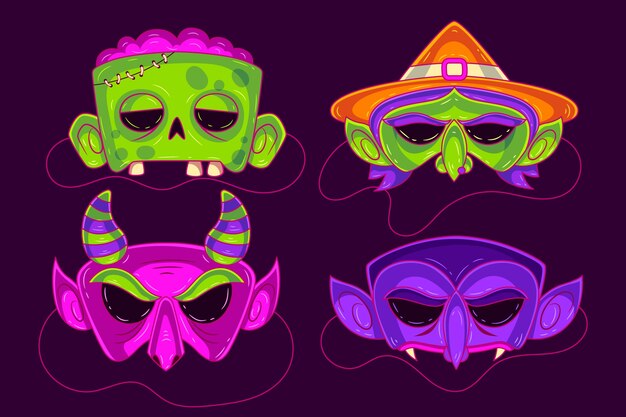 Collection de masques d'halloween dessinés à la main