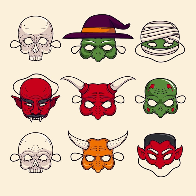 Collection De Masques D'halloween Dessinés à La Main