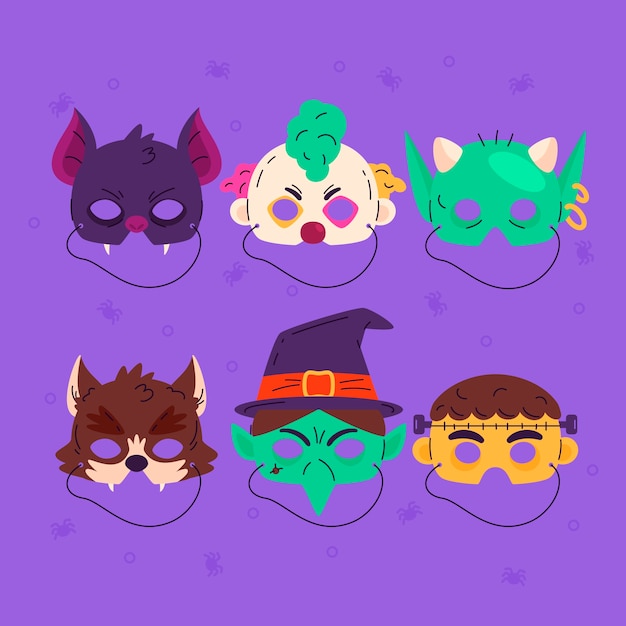 Vecteur gratuit collection de masques d'halloween plats