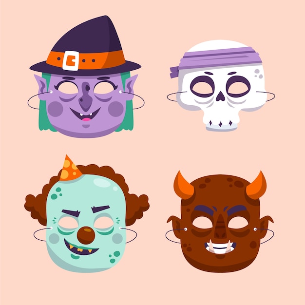 Vecteur gratuit collection de masques d'halloween plats