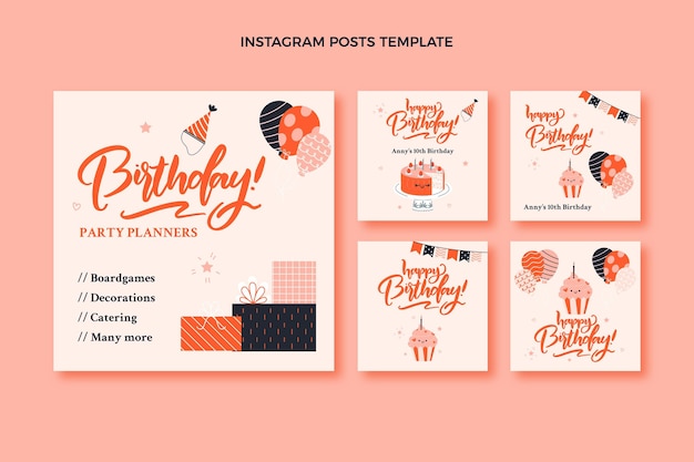 Vecteur gratuit collection de messages instagram d'anniversaire enfantin dessinés à la main