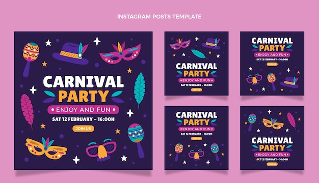 Vecteur gratuit collection de messages instagram de carnaval plat