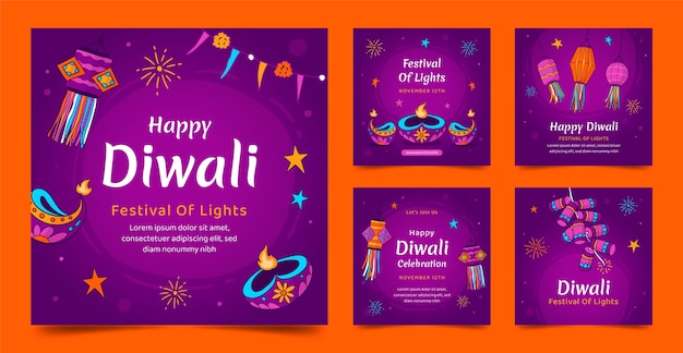 Vecteur gratuit collection de messages instagram dessinés à la main pour la célébration du festival de diwali