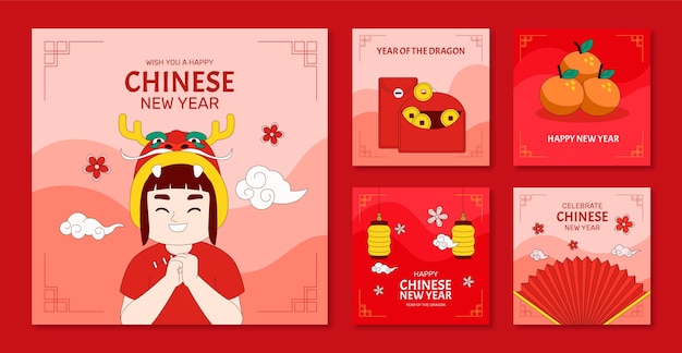 Vecteur gratuit collection de messages instagram dessinés à la main pour le festival du nouvel an chinois