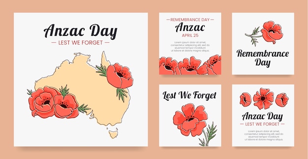 Vecteur gratuit collection de messages instagram du jour de l'anzac dessinés à la main