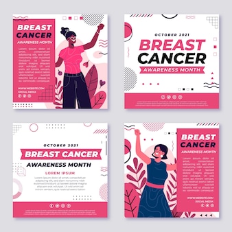 Collection de messages instagram du mois de sensibilisation au cancer du sein plat dessiné à la main