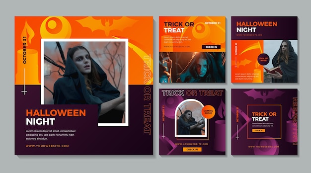 Vecteur gratuit collection de messages instagram d'halloween dégradés