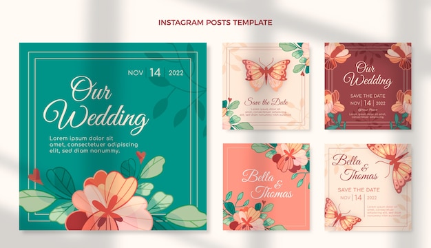 Vecteur gratuit collection de messages instagram de mariage dessinés à la main