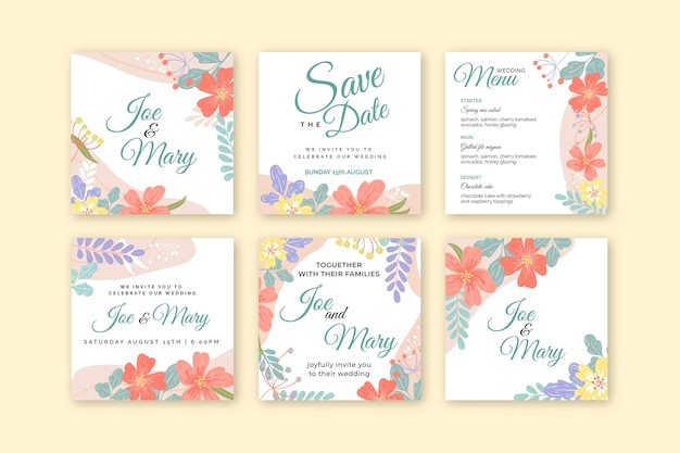 Vecteur gratuit collection de messages instagram de mariage floral