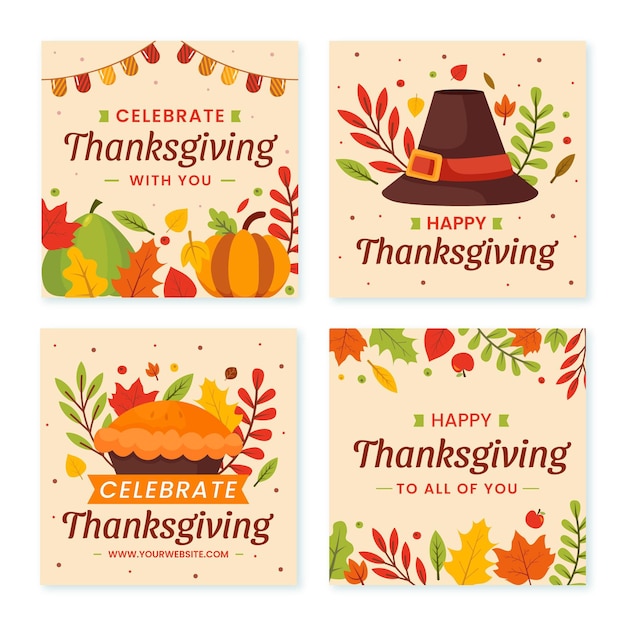 Vecteur gratuit collection de messages instagram à plat dessinés à la main pour thanksgiving