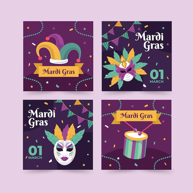 Vecteur gratuit collection de messages instagram plat mardi gras