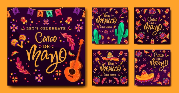 Vecteur gratuit collection de messages instagram plats cinco de mayo