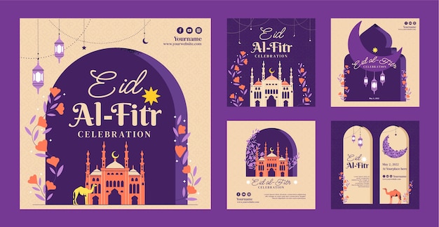 Vecteur gratuit collection de messages instagram plats eid al-fitr