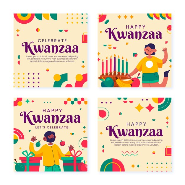 Collection de messages instagram plats kwanzaa dessinés à la main