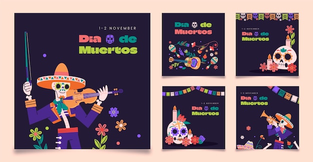 Vecteur gratuit collection de messages instagram plats pour la célébration du dia de muertos