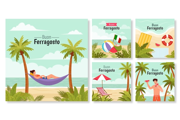 Vecteur gratuit collection de messages instagram plats pour la célébration du ferragosto italien