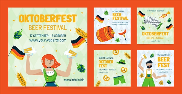 Vecteur gratuit collection de messages instagram plats pour la célébration du festival de la bière oktoberfest