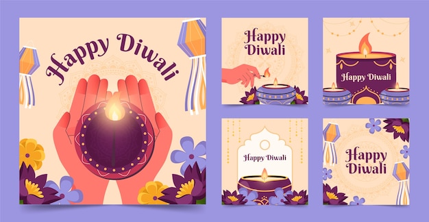 Vecteur gratuit collection de messages instagram plats pour la célébration du festival de diwali