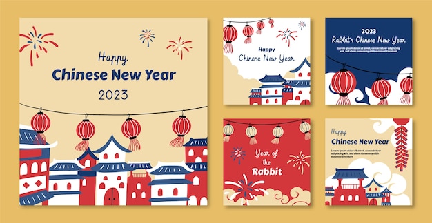 Vecteur gratuit collection de messages instagram plats pour la célébration du nouvel an chinois