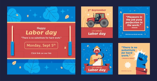 Vecteur gratuit collection de messages instagram plats pour la célébration de la fête du travail