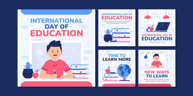 Vecteur gratuit collection de messages instagram plats pour la célébration de la journée internationale de l'éducation