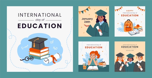 Vecteur gratuit collection de messages instagram plats pour la célébration de la journée internationale de l'éducation