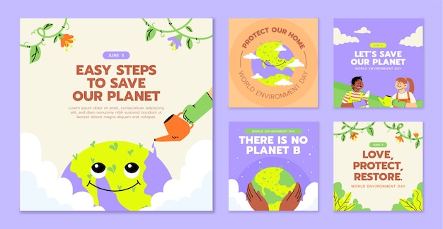 Vecteur gratuit collection de messages instagram plats pour la célébration de la journée mondiale de l'environnement