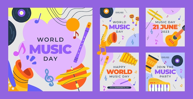Vecteur gratuit collection de messages instagram plats pour la célébration de la journée mondiale de la musique