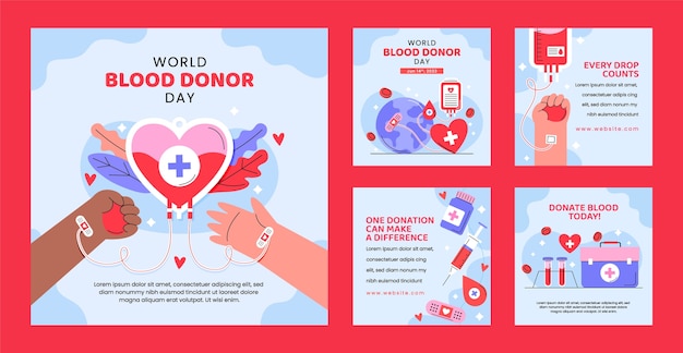 Vecteur gratuit collection de messages instagram plats pour la journée mondiale du donneur de sang