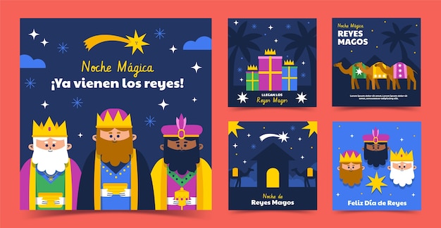 Vecteur gratuit une collection de messages instagram plats pour les magos des rois