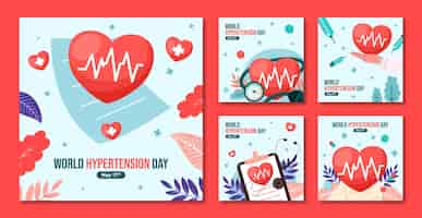 Vecteur gratuit collection de messages instagram plats pour la sensibilisation à la journée mondiale de l'hypertension