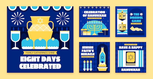 Vecteur gratuit collection de messages instagram plats pour les vacances juives de hanoukka