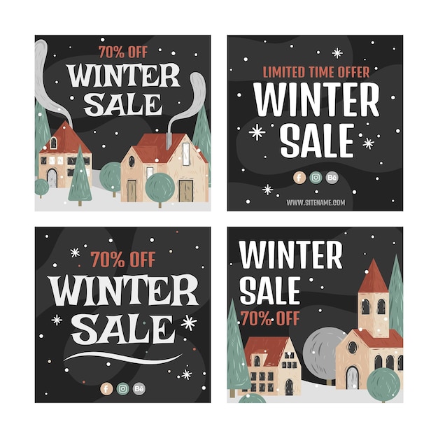 Collection De Messages Instagram De Vente D'hiver Dessinés à La Main