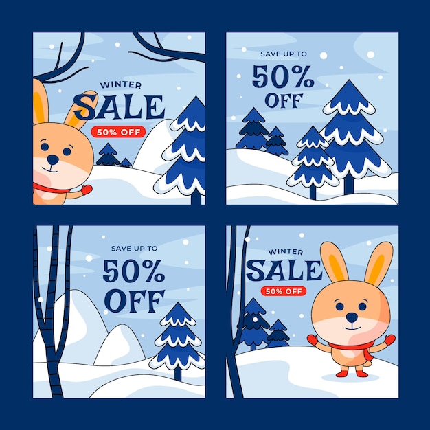 Collection De Messages Instagram De Vente D'hiver Plat Dessiné à La Main