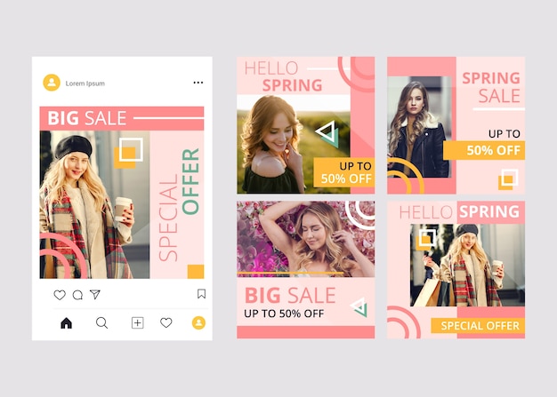 Vecteur gratuit collection de messages instagram de vente de printemps