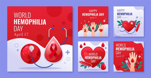 Vecteur gratuit collection de messages réalistes sur instagram pour la sensibilisation à la journée mondiale de l'hémophilie