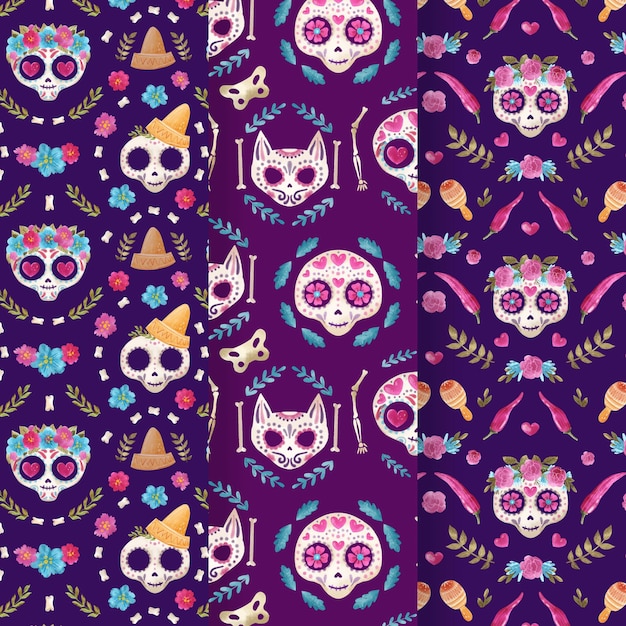 Collection de motifs aquarelle dia de muertos