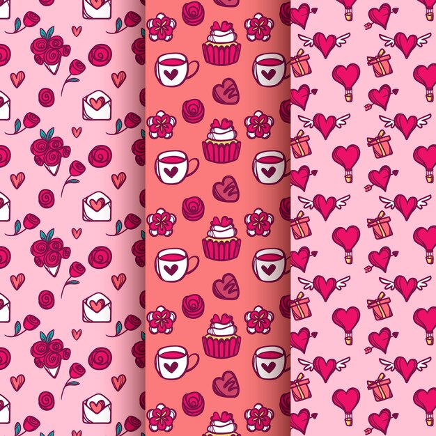 Collection de motifs de valentine dessinés à la main