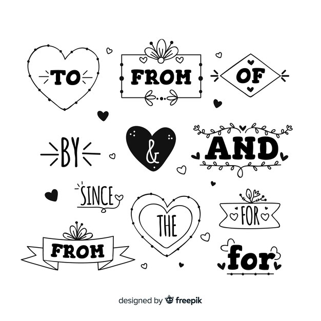 Collection de mots clés de mariage dessinés à la main