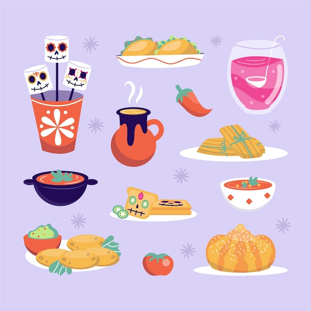 Vecteur gratuit collection de nourriture dia de muertos plat dessiné à la main